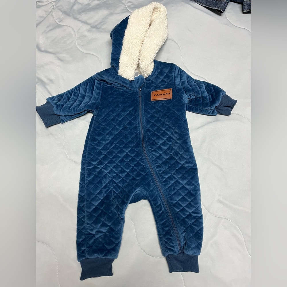 Tahari Blue Quilted Baby Jumpsuit with Cream Lining